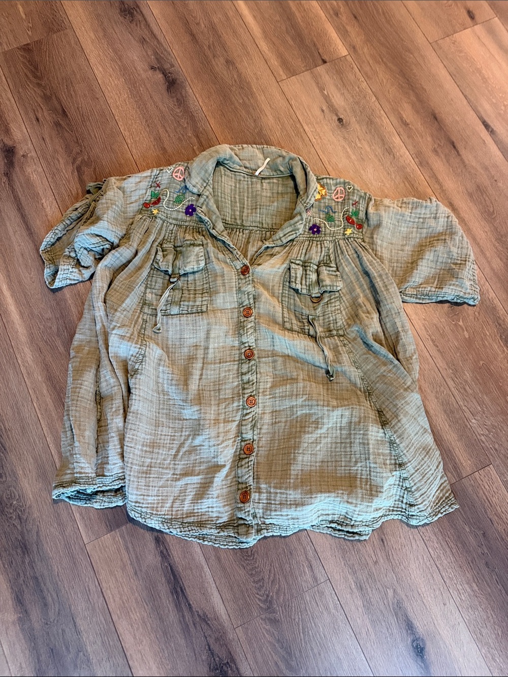 Free People Olive Green Embroidered Gauze Tunic - Picture 4 of 8